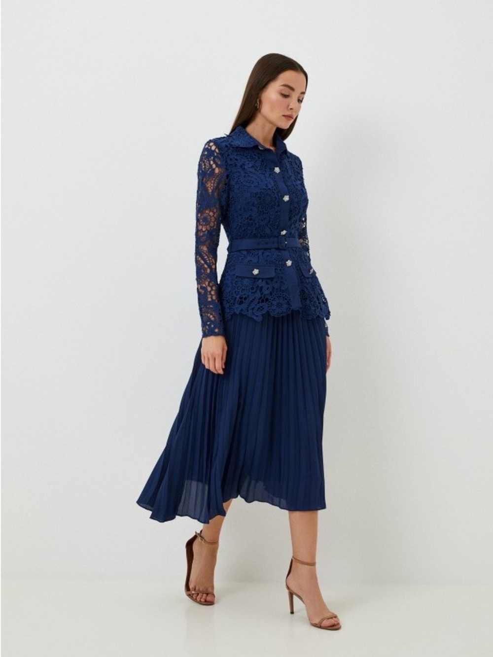 Self-Portrait Navy Lace Long-Sleeve Pleated Midi Dress